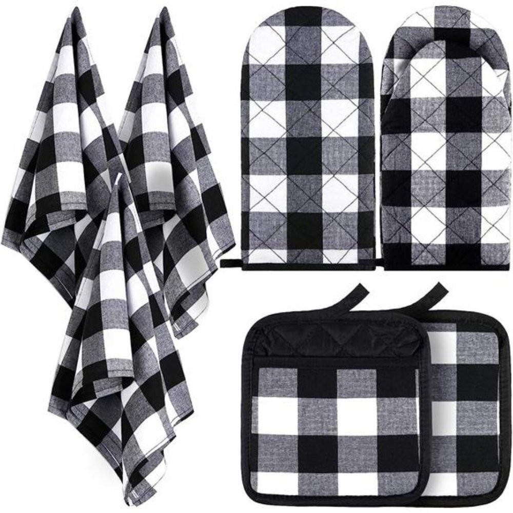7Pieces Buffalo Check Dish Towels Pot Holders Oven MittsSet Cotton Plaid